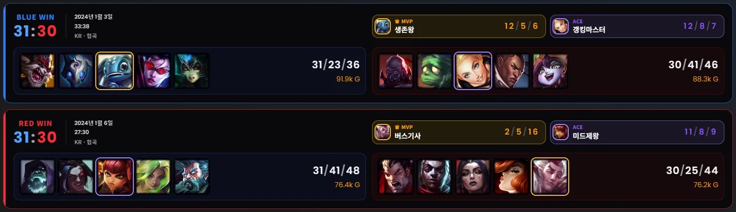 리플레이를 올린 뒤 채워진 경기기록 화면 (예시 데이터)